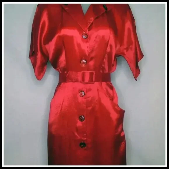 40s Style Red Satin Sheath Dress, Military Influence Retro Swing VFG &0s Vintage - Picture 7 of 14